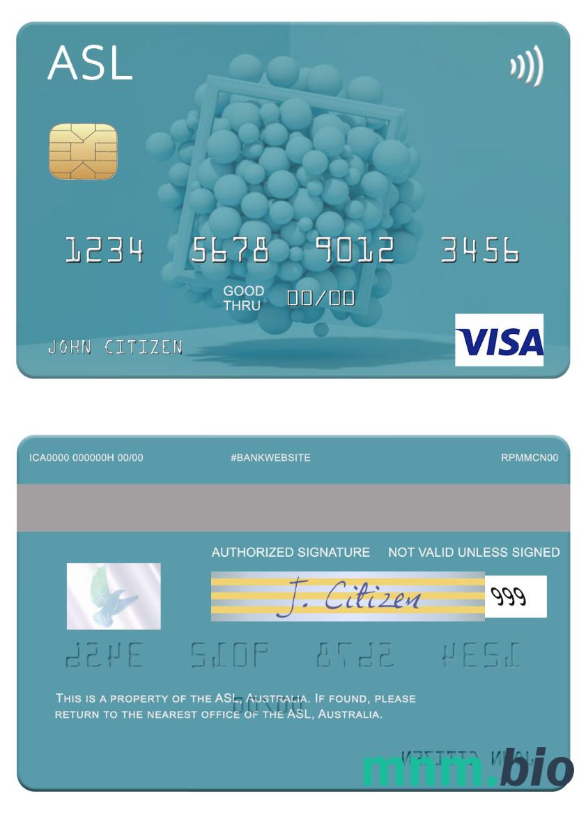 Australia Australian Settlements Limited (ASL) przykład karty visa w formacie PSD